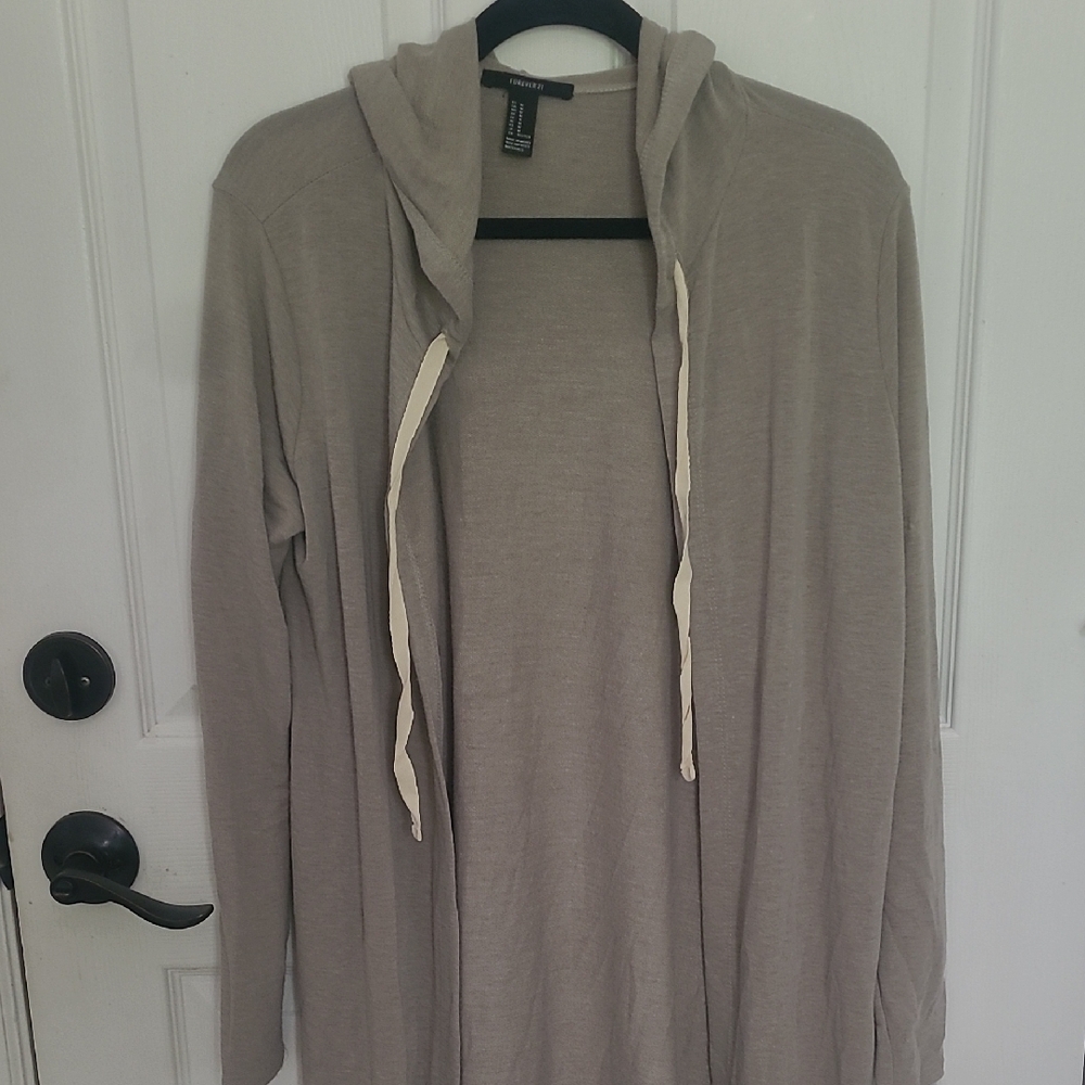 Gray Hooded Cardigan with Drawstrings